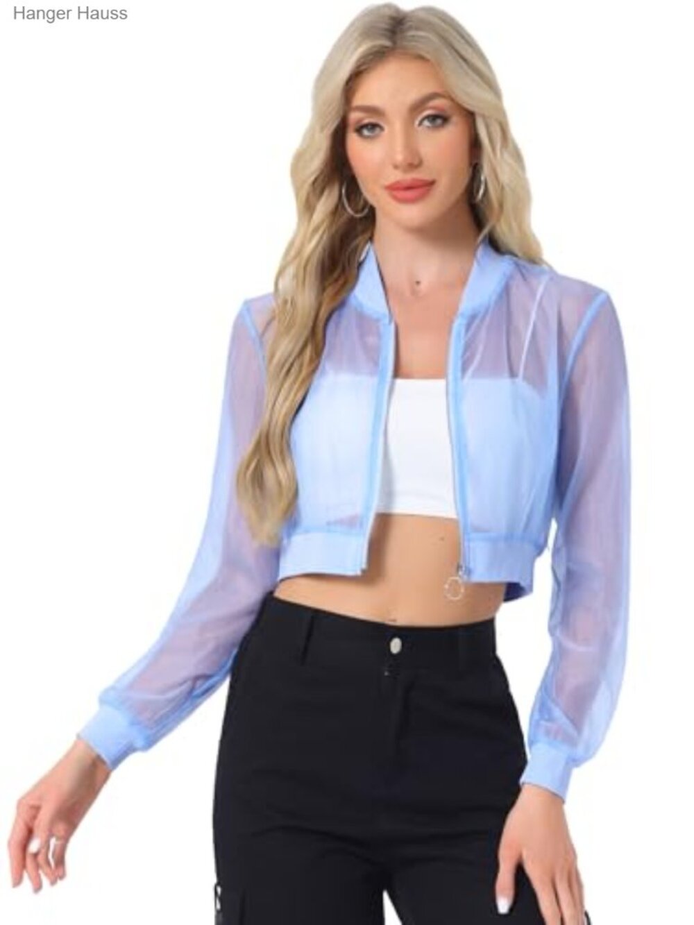 Sheer Mesh Crop Bomber Jacket Lightweight Zip Up Aviator